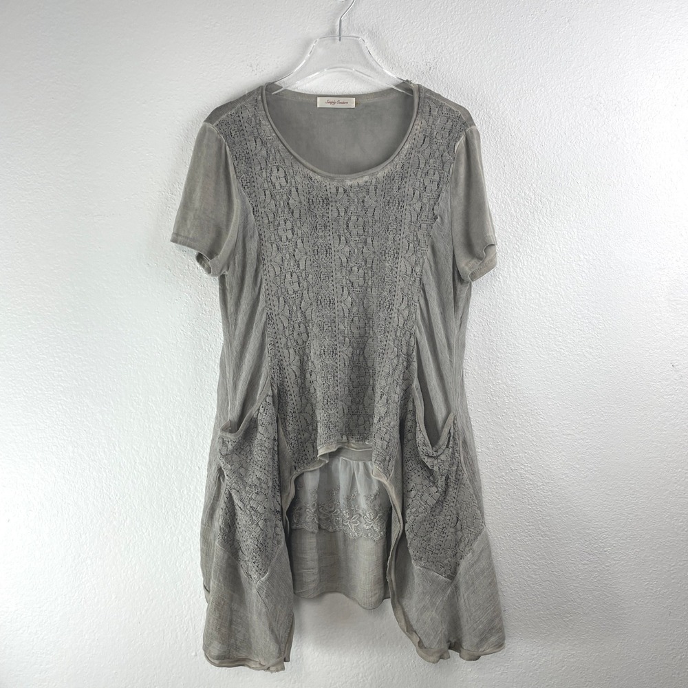 Simply Couture Tunic Top Large Taupe Gray Lace Boho Lagenlook Asymmetrical Hem